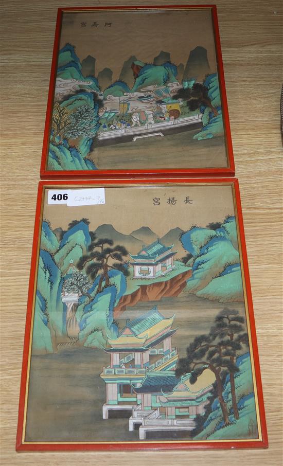 Chinese School, early 20th century, pair of gouache on silk, Pagodas and procession in mountainous landscapes, 32.5 x 25cm